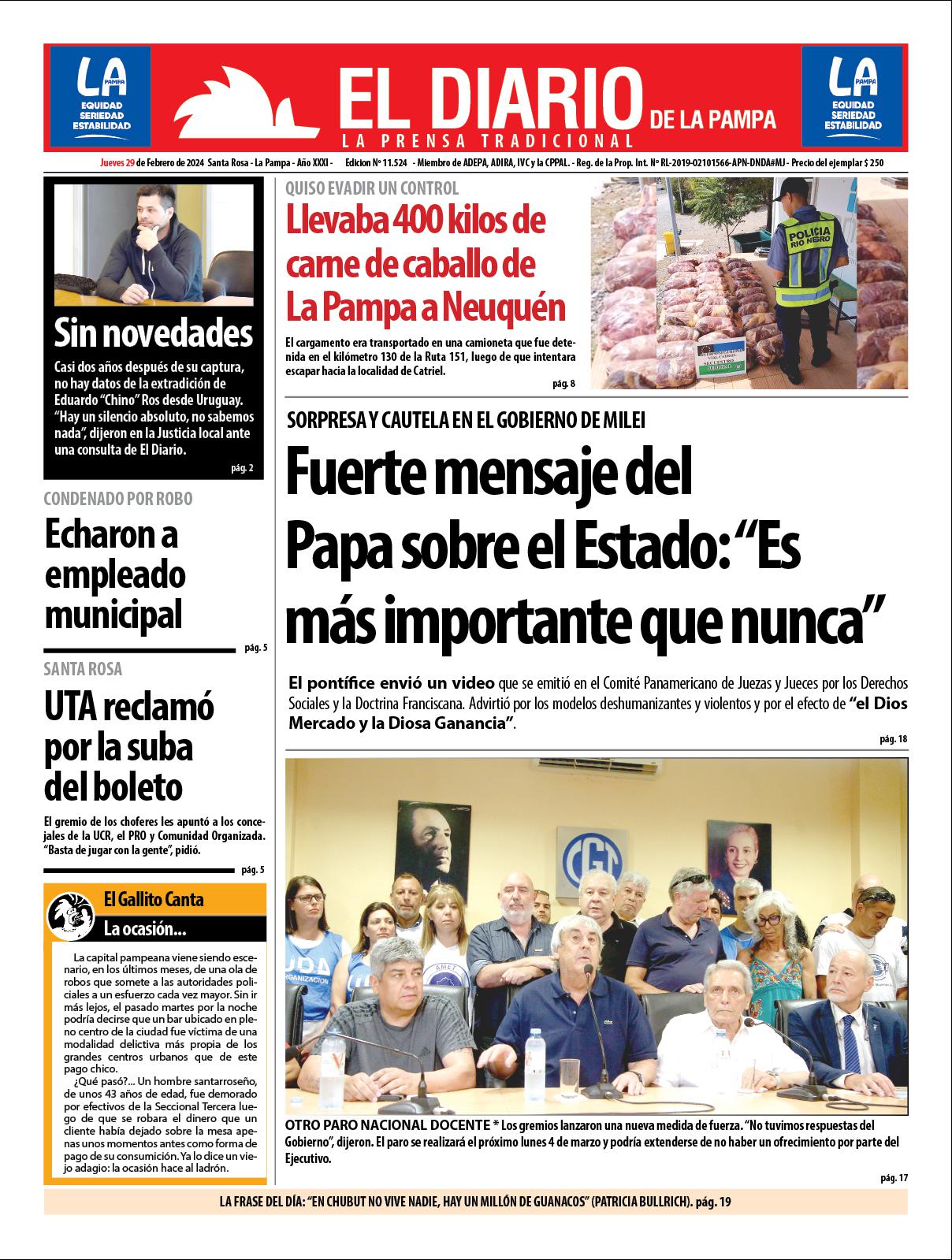 Tapa de El Diario en papel  jueves 29 de febrero de 2024